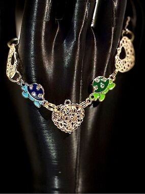 Gold Heart and Turtle Charm Bracelet with Blue and Green Enamel Accents